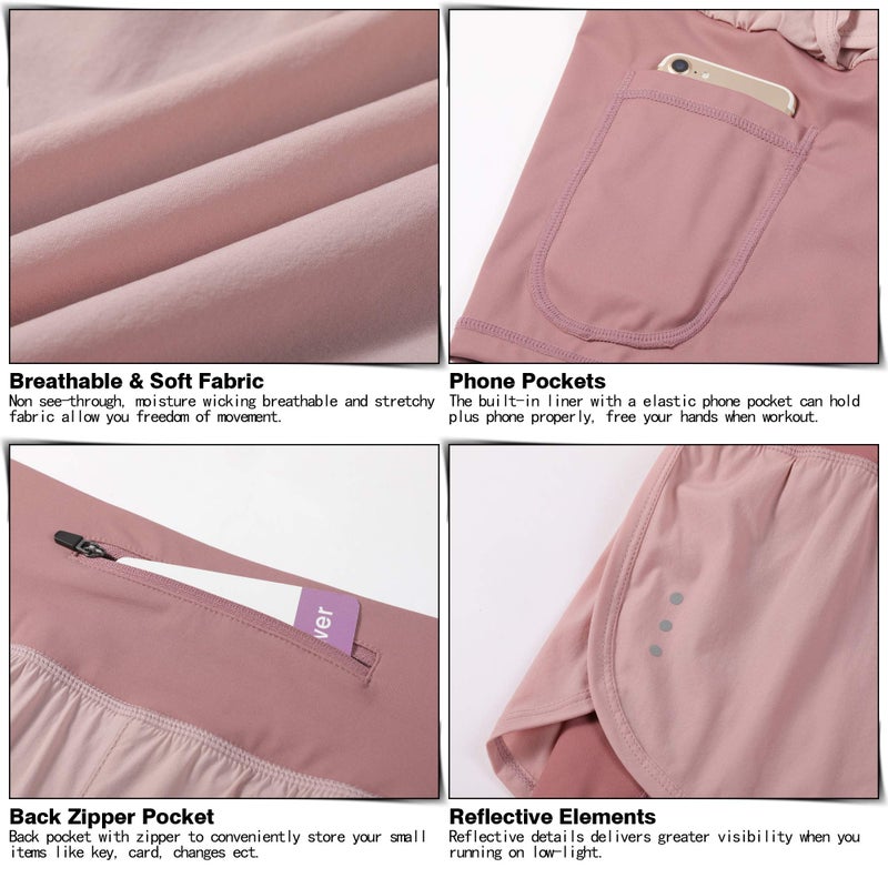 Soothfeel Women's 2 in 1 Running Shorts Workout Athletic Gym Yoga Shorts for Women with Phone Pockets Pink - Image 5